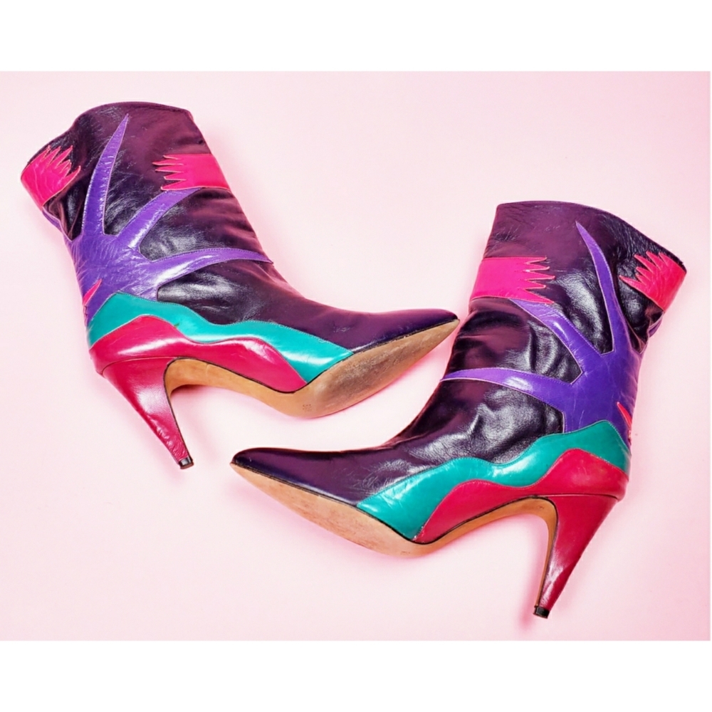 SOLDVtg 80s colorblock boots/heels - Picture 6 of 16